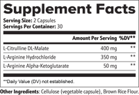 Enlyven Nitric Oxide Supplement Facts panel: L-Citrulline DL-Malate 400 mg, L-Arginine Hydrochloride 350 mg, L-Arginine Alpha-Ketoglutarate 50 mg per 2-capsule serving, 30 servings