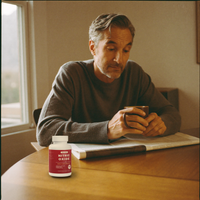 A man having morning coffee at a sunlit table with the Enlyven bottle beside him