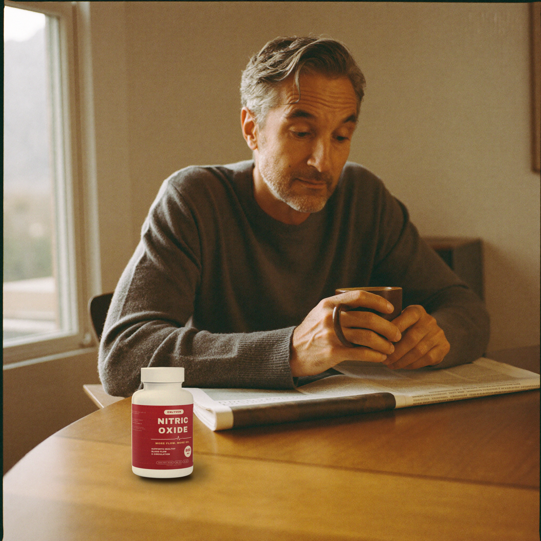 A man having morning coffee at a sunlit table with the Enlyven bottle beside him