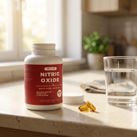 The Enlyven bottle open on a morning kitchen counter with two capsules and a glass of water