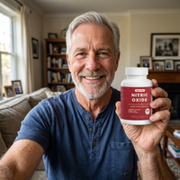 A man in his early sixties at home holding a bottle of Enlyven Nitric Oxide