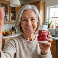 A woman in her late fifties in her kitchen holding a bottle of Enlyven Nitric Oxide